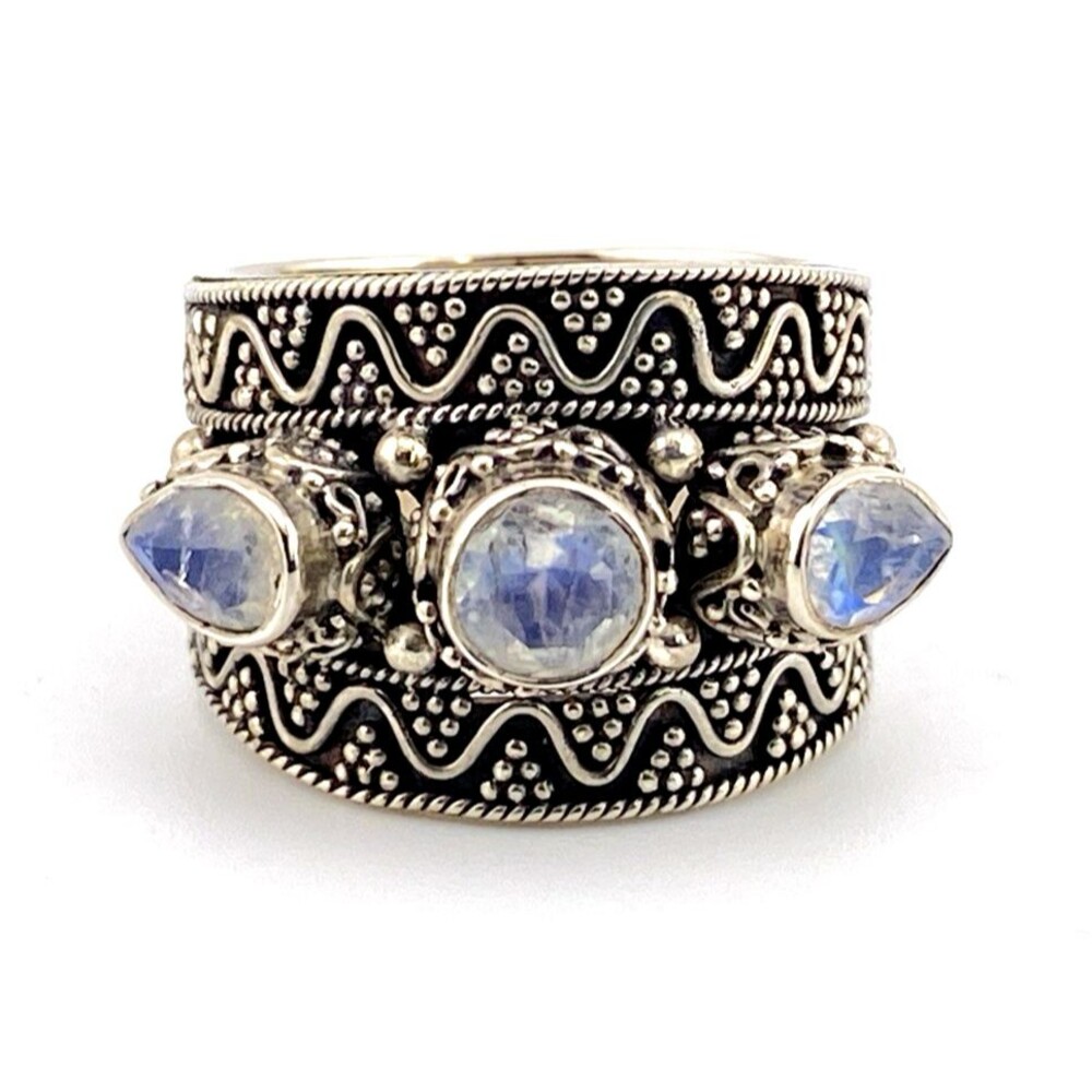 Blue Flash Moonstone 3 Stone Sterling Silver Cigar Band Ring Reticulated Size 7